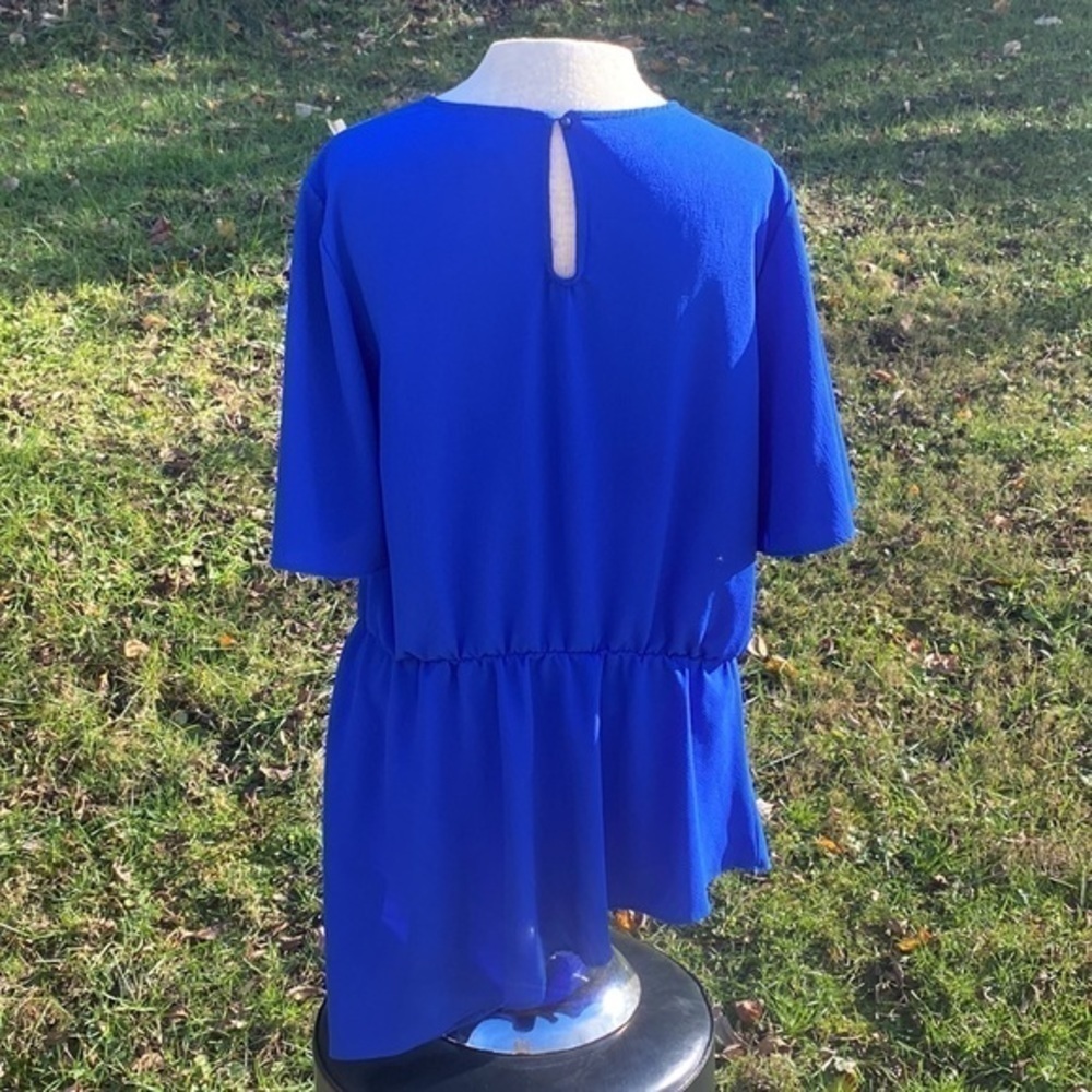 beige by eci royal blue asymmetrical blouse, crew neck, short sleeve - Picture 5 of 9